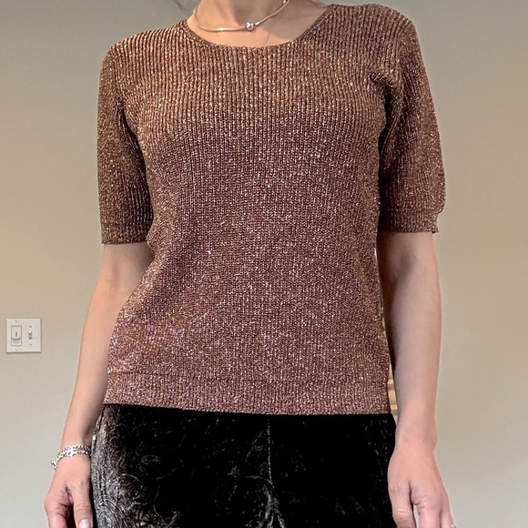 Suzelle Vintage Metallic Bronze Knit Short Sleeve Top - Picture 1 of 9
